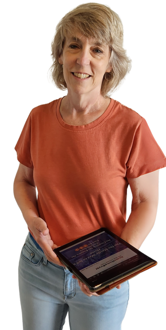 Kim Tucker Buys Houses - holding tablet.